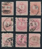 1874 5kr 9 db bélyeg szín- és lemezváltozatokkal