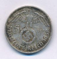 Német Harmadik Birodalom 1938A 5M Ag "Hindenburg" T:VF Patina Ph German Third Reich 1938A 5 Reichsmark Ag "Hindenburg" C:VF Patina Edge error Krause KM#94