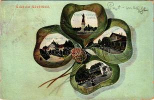 Gödöllő, Királyi kastély és váróterem, park, Erzsébet királyné (Sisi) szobor. Szecessziós lóherés montázs, litho (r)