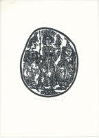 Banga Ferenc (1947-): Bölcsek köve (az1986-ban az Újpest Galéria első kiállítására megjelent mappából). Linómetszet, papír, jelzett és számozott (198/300). 14,5x12 cm.