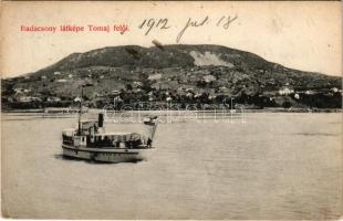 1912 Badacsony, látkép Tomaj felől, gőzhajó. Kiadja a Keresztény Fogyasztási Szövetkezet, Badacsony-Tomaj (EK)