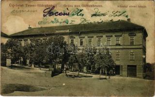 Temeshidegkút, Hidegkút, Sabran-Guttenbrunn, Zabrani; Községi elemi iskola. Zeitler Lajos kiadása / elementary school (fa)