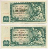 Csehszlovákia 1961. 100K (2x) Sorszámkövetők "G47 688758 - G47 688759" T:F  Czechoslovakia 1961. 100 Korun (2x) Consecutive serials "G47 688758 - G47 688759" C:F  Krause P#91.b