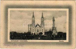 1915 Vinga, Piactér, Római katolikus templom, Szentháromság szobor. W.L. Bp. 5430. / market square, Catholic church, Holy Trinity statue + "Magyar Vöröskereszt Egylet Vingai Fiókja" (fl)