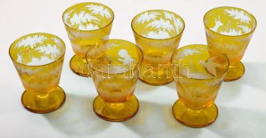 Antik ezüstpácot vadászmintás talpas pohár szett, cca 1900, 6 darab, hibátlan, m: 7,5 cm