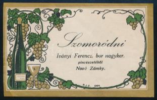 cca 1930 Érsekújvár Szomoródni Iványi Ferencz bor nagyker. pincészetéből Nové Zámky feliratos boros címke, jelzett: R.J.E. 064, Rigler József Ede nyomdaterméke