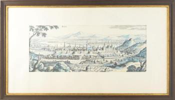 Jelzés nélkül: Buda látképe. Régi metszet után készült modern nyomat, papír, üvegezett fakeretben, 19,5×49 cm
