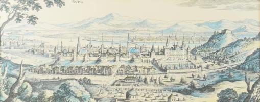 Jelzés nélkül: Buda látképe. Régi metszet után készült modern nyomat, papír, üvegezett fakeretben, 1...