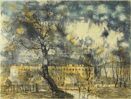 Lukovszky László (1922-1981): Öreg fűz (Miskolc). Színes rézkarc, papír, jelzett, kartonra kasírozva...