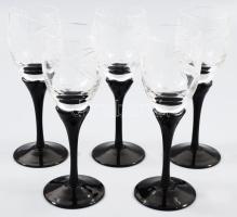 Ajka kristály 5 darabos feketeüveg talpú pohár szett, jelzés nélkül, minimális pattogzással, m: 14,5 cm