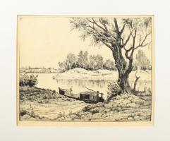 Gácsi Mihály (1926-1987): Tiszapart. Rézkarc, papír, jelzett, kissé foltos, apróü foltokkal, paszpartuban, 29x39 cm