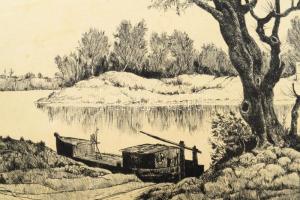 Gácsi Mihály (1926-1987): Tiszapart. Rézkarc, papír, jelzett, kissé foltos, apróü foltokkal, paszpar...