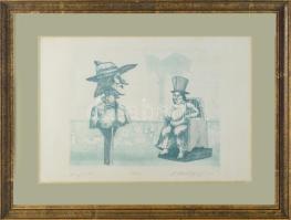 Zé Kovács József (1951-): Leánynézőben. Rézkarc, papír, jelzett, számozott (6/100), üvegezett fakeretben, 19×24 cm