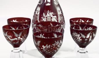 Vadászmintás bordón pácolt italos készlet, 6 darab pohár állatmintákkal csiszolva m: 11,5 cm, italos...