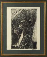 Maurer Dóra (1937-): Építkezés, 1961. Rézkarc, papír, jelzett, üvegezett fakeretben. 29x19 cm