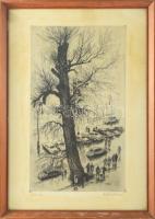 Zádor István (1882-1963): Párás nap. Rézkarc, papír, jelzett, kissé foltos, üvegezett keretben, 40×23 cm