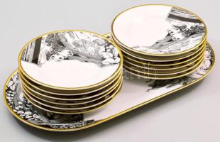 Hollóházi Szász Endre által tervezett mintával díszített 12 személyes süteményes készlet, jelzett, hibátlan, d: 16 cm, tálca 37x20 cm