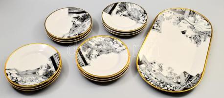 Hollóházi Szász Endre által tervezett mintával díszített 12 személyes süteményes készlet, jelzett, h...