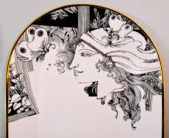 Hollóházi Szász Endre által tervezett mintával díszített 12 személyes süteményes készlet, jelzett, h...