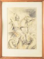 BJ jelzéssel: Lovaskatona. Szén, papír, üvegezett fakeretben, 39,5×28 cm