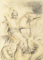 BJ jelzéssel: Lovaskatona. Szén, papír, üvegezett fakeretben, 39,5×28 cm