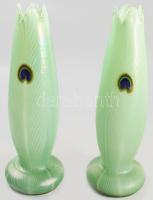 Vaclav Stepanek art nouveau pávaszemes váza pár. Kézzel formázott opalit uránium hutaüveg. Jelzés nélkül, hibátlan, m: 33 cm /// Václav Stepánek Art Nouveau peacock-eye vase pair. Hand-shaped opaline uranium blown glass. Unmarked, flawless, height: 33 cm