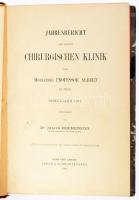 Julius Hochnenegg: Jahresbericht der ersten Chirurgischen Klinik des Hofrathes Pressor Albert in Wien. Schuljahr 1887. Verfasst von Dr. - -. Wien-Leipzig, 1889, Urban &amp; Schwarzenberg, 1 (színes litográfia) t. + XXII+2+252 p. Német nyelven. Szövegközti fekete-fehér fametszetekkel illusztrált. Korabeli aranyozott gerincű félbőr-kötés, kopott borítóval, a hátsó táblán a borítás sérült, a litográfia kijár.