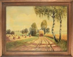 Jelzés nélkül, XX. sz. közepe: Lovasszekér szénával. Olaj, vászon. 60x80 cm. Fakeretben.