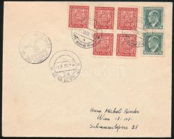 Szudétavidék megszállása 1938 levél csehszlovák bérmentesítéssel, alkalmi és propaganda bélyegzéssel Bécsbe