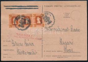1946 Levelezőlap hadifogoly keresés ügyben 40f bérmentesítéssel, kisegítő számbélyegzővel Sárkeresztúrról a Luganoi Rádióhoz, "20f DÍJKIEGÉSZÍTÉS VÉGETT" visszaküldve, a 20f bélyeget utólag felragasztották. Érdekes és ritka darab!