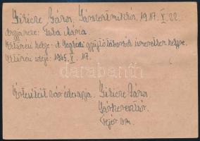 1946 Levelezőlap hadifogoly keresés ügyben 40f bérmentesítéssel, kisegítő számbélyegzővel Sárkereszt...