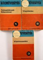 Közművesítés 1-3.: 1. köt.: Települések közművei. 2. köt.: Vízellátás. 3. köt.: Vízelvezetés. Szerk.: Hunyady Domokos. Bp., 1968., Műszaki. Kiadói papírkötés, kopott, foltos borítókkal, egy kötet sérült gerinccel, két kötet borítóján címkével, két kötet javított kötéssel, a 3. kötet kötése kissé laza és lapélei foltosak.