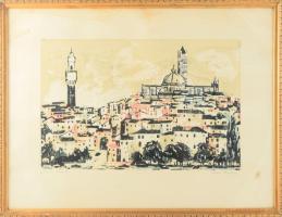 Rác András (1926-2013): Olasz város. Színes linómetszet, papír, jelzett, üvegezett keretben 27x41 cm