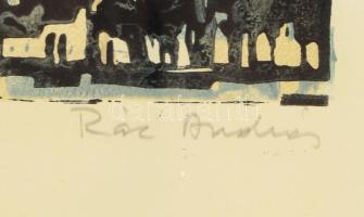 Rác András (1926-2013): Olasz város. Színes linómetszet, papír, jelzett, üvegezett keretben 27x41 cm