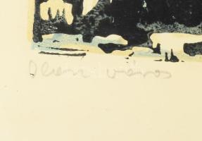 Rác András (1926-2013): Olasz város. Színes linómetszet, papír, jelzett, üvegezett keretben 27x41 cm