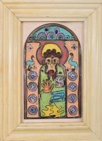 Tűzzománc ikon, fa keretben, 15x9 cm