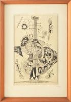 Hincz Gyula (1904-1986): Zenész (cím nélkül), rézkarc, papír, jelzett, üvegezett fakeretben, 29,5×19 cm
