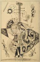 Hincz Gyula (1904-1986): Zenész (cím nélkül), rézkarc, papír, jelzett, üvegezett fakeretben, 29,5×19...