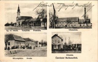 1909 Bulkesz, Bulkeszi, Maglic, Backi Maglic; Vasútállomás, gőzmozdony, vonat, Evangélikus templom és plébánia, Gőzmalom, Községháza és óvoda. Gyömörey István felvételei / railway station, locomotive, train, Lutheran church and parsonage, steam mill, town hall, nursery (EK)