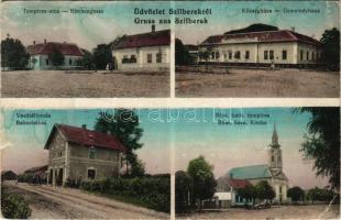 Szilberek, Backi Brestovac; Templom utca, községháza, vasútállomás, római katolikus templom. Cselenák István kiadása / street, town hall, railway station, church (Rb)