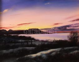 Bihari Puhl Levente (1957-): Téli naplemente (Balaton, Badacsony). Olaj, farost, jelzett, dekoratív ...