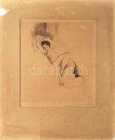 Prihoda István (1891-1956): Női akt. Színezett rézkarc, papír, jelzett, kissé foltos, sérült paszpartuban, 29×25 cm