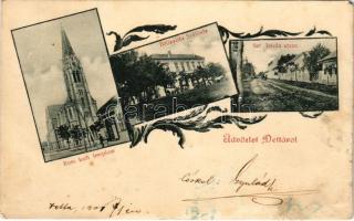 1901 Detta, Ghedu, Deta; Római katolikus templom, Bellavista szálloda, Szent István utca / Catholic church, hotel, street. Art Nouveau, floral (EM)