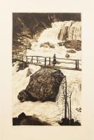 Major János (1934-2008): Tarpataki vízesés. Rézkarc, papír, jelzett. Kartonra kasírozva. 42x26 cm