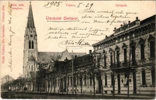 1905 Detta, Ghedu, Deta; Római katolikus templom, Fő utca, gyógyszertár. Csokány kiadása / Catholic church, main street, pharmacy (EK)
