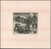 Kórusz József (1927-2010): Disznóölés. Rézkarc, papír, jelzett, 11,5x13,5 cm