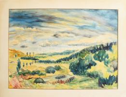 Farkasházy Miklós (1895-1964): Dombos táj vonuló felhőkkel. Akvarell, papír, jelezve jobbra lent. Paszpartuban, 29,5×41 cm