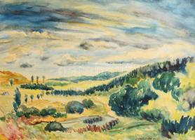 Farkasházy Miklós (1895-1964): Dombos táj vonuló felhőkkel. Akvarell, papír, jelezve jobbra lent. Pa...