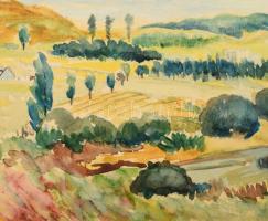 Farkasházy Miklós (1895-1964): Dombos táj vonuló felhőkkel. Akvarell, papír, jelezve jobbra lent. Pa...