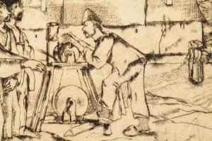 Vadász Endre (1901-1944): Köszörűs. Rézkarc, papír, jelzett, számozott (22.), kartonra kasírozva, 21...